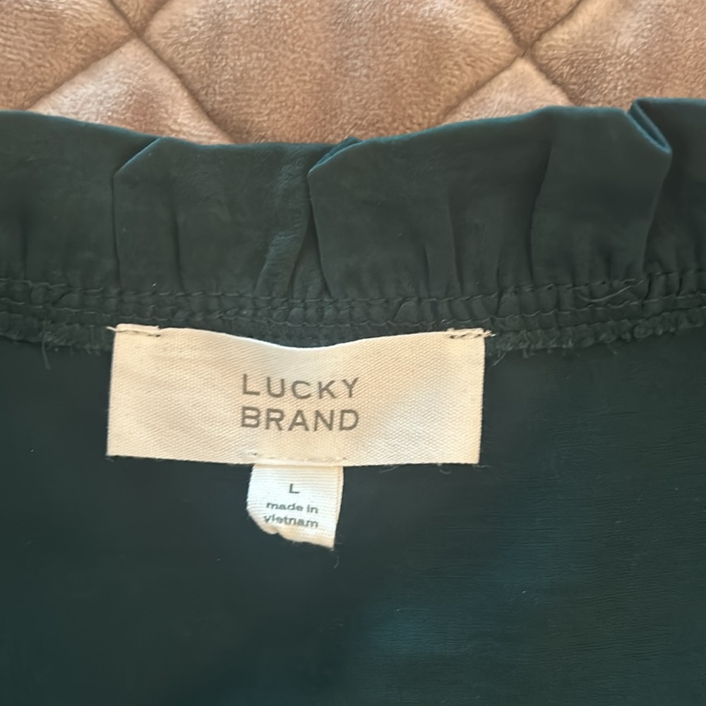 Lucky Brand Emerald Satin Dress with Sleeves. Like New Worn once. Sz L. - Picture 2 of 3